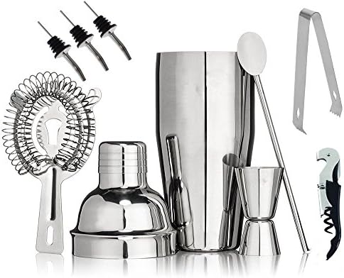 Cocktail Bar Set 9Piece Cocktail Shaker Kit With Bartender's Professional Shaker, Strainer, Jigger, Liquor Pourers, Stainless Steel