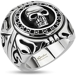 Anillo de sello de plata para hombres en acero inoxidable - Anillo para hombres con una calavera. Estilo rock gótico - Joya para motero de fantasía, 4 Tamaños para elegir.
