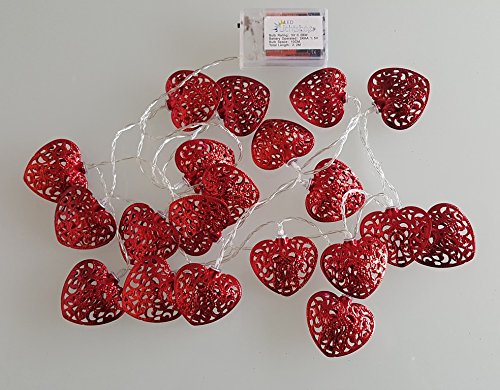 LED-Lichtshop® 1 Stück 3m länge 20er LED-Lichterkette rote Metall-Herzen, batteriebetrieben mit Schalter. Hochwertige Deko Lichterkette für Innen von LED-Lichtshop.