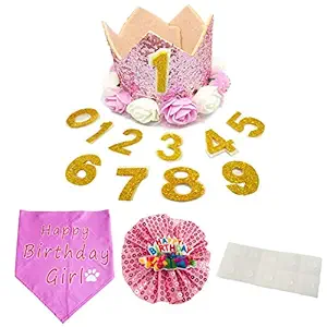 PET SHOW Pink Crown Dog Birthday Hat Bandana Collar Bows Charms Costume Set Reusable Birthday Party Headband Puppies Cat Kitten Hats with 0-9 Figures Charms Grooming Accessories