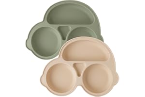 NOHLERLIFE Baby Teller Silikon 2 Pack, Kleinkind Teller Silikon Rutschfest Geteilte Babyteller Saugen für Kinder Kleinkind Selbst Füttern, Geschirrspüler und Mikrowelle Safe (Beige+Grün)