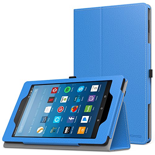MoKo Hülle für All-New Amazon Fire HD 8 Tablet (7th Generation – 2017 Modell) - Kunstleder Ständer Schutzhülle Smart Cover mit Stift-Schleife für das neue Fire HD 8, Blau