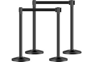 VEVOR Poteau de guidage, 4 pcs, barrière de balisage pour contrôle de foules, avec base creuse, sangle rétractable noire et poteaux noirs en acier au carbone, pour théâtre, fête, mariage, exposition