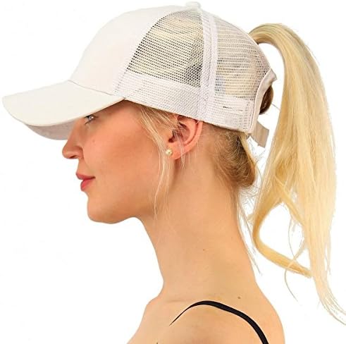 YOUFAN Women Girl Ponytail Messy High Buns Trucker Ponycaps Ponycap Adjustable Mesh Trucker Baseball Cap Hats (White)