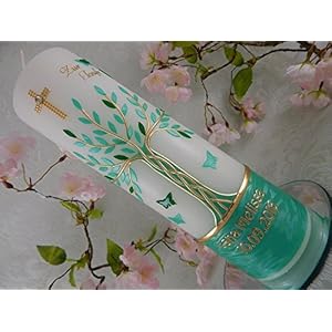 Taufkerze Wachs Baum grün gold Taufkerzen für Mädchen 250/70 mm mit Name und Datum