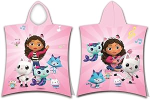 Jerry Fabrics Gabby's Dollhouse Poncho de Bain de Plage à Capuche pour Enfants 100% Coton 115 x 50 cm | Pandy Paw Mercat Cakey Cat Fairy Gift pour Filles garçons Tout-Petits