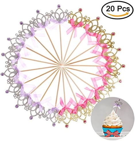 WANTING 20 PCS Glitter Crown Cupcake Toppers with Bow-Tie Diamond Cake Topper, for Wedding, Party, Bridal Shower, Valentine’s Day Cake Decoration (Gold &amp; Silver)