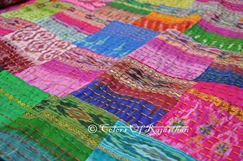 COR's Twin Size Patola Silk Patch Work Kantha Quilt , Kantha Blanket Bedspread, Patch Kantha Throw, Twin Kantha, Kantha Rallies Indian Sari Quilt, Size 60" X 90" by Colors Of Rajasthan