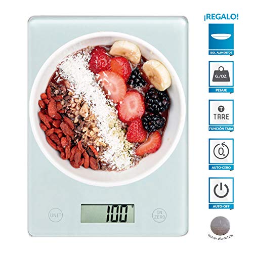 NEWCHEF Báscula Cocina Digital Precision, con Pantalla LCD, de Cristal Templado, Balanza Electrónica de Alimentos con Rango de Pesaje de 5g a 5kg y Precisión 1g. (Pila Incluida) + Bol para alimentos