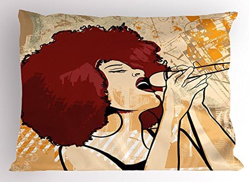 juchenjixie Afro Pillow Sham, Popular Singer Karaoke Style Microphone Performance African American Woman, Decorative Standard Queen Size Printed Pillowcase, 30 X 20 Inches, Burgundy Beige Orange