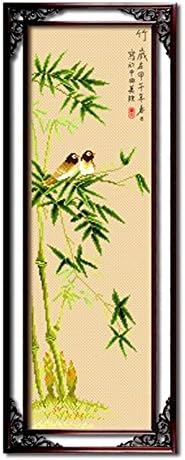 DOMEI Stamped Cross Stitch Kit, Bamboo with Two Birds, 11.4 x 32.3 inches
