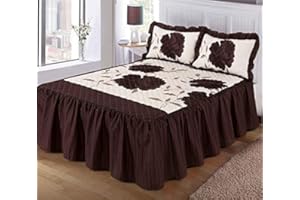VOICE7 voice 7 Luxurious ROSALEEN Quilted Bedspread Floral - Valance Style 23 inch Deep Frilled Bedspread with Two Pillow Shams (Chocolate, Double 3 Piece Set)