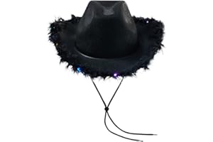QIANDERER Light Up Cowboy Hats for Women Fluffy Feather Brim LED Cowgirl Hat for Bachelorette, Costume Party, Play Dress Up