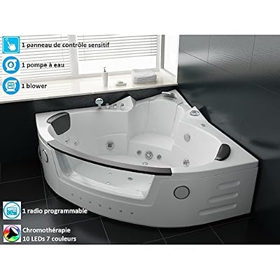 Ouest-Balnéo Baignoire balneo ouest-balnéo baignoire angle 140cm x 140cm x 62cm (10 LEDs 7 couleurs, 24 jets massants, blanche, prête à l'emploi) spa jacuzzi petite baignoire à bulle certification TUV allemande.