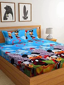 Soniasaa Prime Collection 180TC Cotton-Blend 1 Double Bedsheet with 2 Matching Free Pillow Covers Micky Mouse Cartoon Design (Blue Micky)