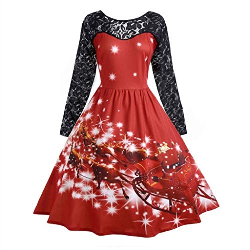 Preisvergleich Produktbild Luckycat Damenmode Spitze Langarm Print Weihnachten Party Swing Dress Abendkleider Cocktailkleid Partykleider Blusenkleid Mode 2018