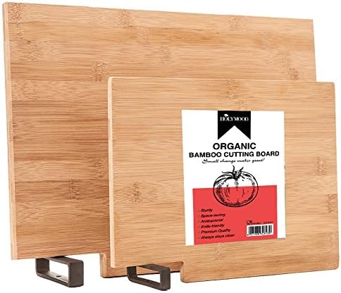 HOLYMOOD Organic Bamboo Cutting Board Set of 2，with Rotatable Handle, Premium Quality, Cheese Board，Fruit Board