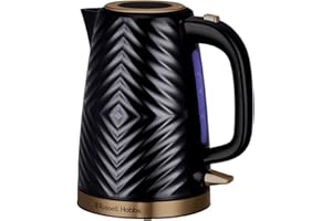 Russell Hobbs Groove Electric 1.7L Cordless Kettle (Fast Boil 3KW, Black textured plastic with brushed gold accents, Removable washable anti-scale filter, Push to open lid, Perfect pour spout) 26380