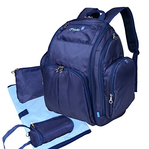 Yodo Baby Nappy Backpack - Detachable Stroller Strap, XL Changing Pad, Small Pouch and Feeding Bottle Holder - 14 Pockets, Navy