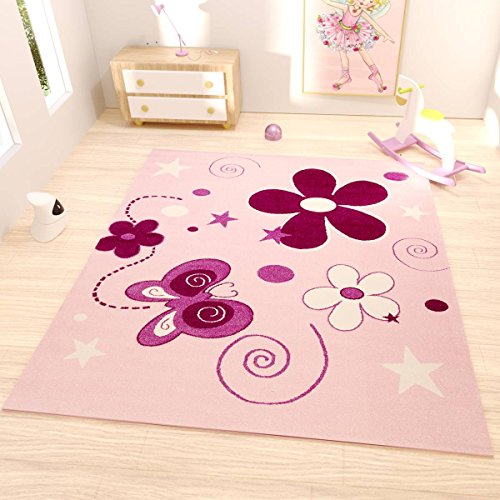 Moderner Kinder Teppich handgeschnittene Konturen Sterne Blumen Schmetterlinge Farbe Pink Lila – VIMODA; Maße: 160x230 cm