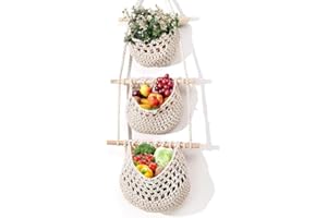 Cimvidi Cesti per frutta da appendere, a 3 ripiani, in tessuto a mano, per casa, cucina, parete, cesto portaoggetti, frutta, verdura, snack