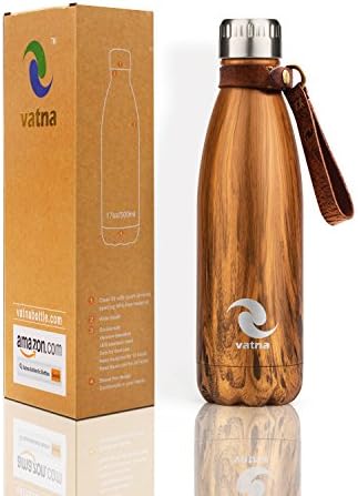Vatna Vacuum Insulated - Stainless Steel Water Bottle - 17 oz/500 ml - Wide Mouth, BPA Free - Double Wall - Cola Shape - Wood Grain - Leather belt