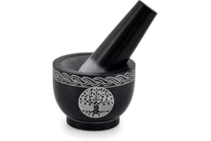 Samhita Mortier et pilon en pierre naturelle Arbre de vie - Diamètre : 9,5 x 7 cm - Pilon - 12,7 x 3,8 cm