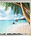 Produktbild BBFhome Duschvorhang 180 x 180 cm Badezimmer Dekor Kollektion Palmen auf Tropical Island Beach Panoramablick Bild drucken Polyester Gewebe Set mit Haken grün blaue Sand Bunte