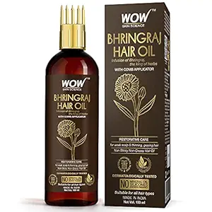 WOW Skin Science Bhringraj Hair Oil - with Comb Applicator - for All Hair Types - Non-Sticky & Non-Greasy Hair Oil - No Mineral Oil, Silicones, Synthetic Fragrance - 100mL
