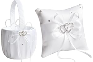 WERTSWF Coussin porteur d'alliances et panier de demoiselle d'honneur, strass en satin blanc avec pétales pour demande en mariage, cérémonie de fiançailles