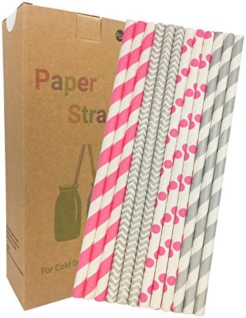 Paper straws Biodegradable 100 Pcs Drinking Novelty Decorations for Party Birthday Wedding Baby Shower Valentine in Light Neon Pink N Sliver