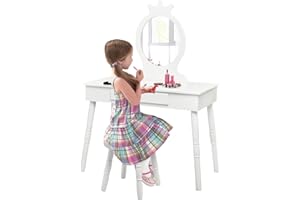 GOPLUS 2 in 1 Toeletta Trucco Bambini, con Specchiera Rimovibile, Tavolo + Sgabello, Cassetto Portaoggetti, in Legn, 70x34x100 cm, Rosa/Bianco