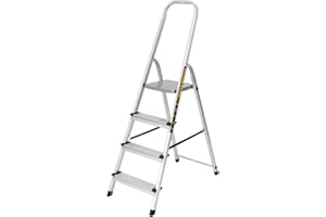 TOUGH MASTER Aluminium Folding Step Ladder Tread Ladders Anti-Slip Steps Top Handrail with Rubberised Plastic Feet Max Load 150Kg – EN131 Safety Standard, Silver (4 Steps)