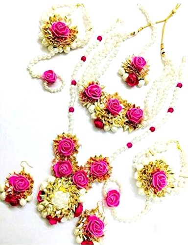 Floret Jewellery Pink Gota Patti Flower Jewellery Set with 2 Necklaces, Earrings, Maang Tika, 2 Bracelets (7Items) for Women & Girls