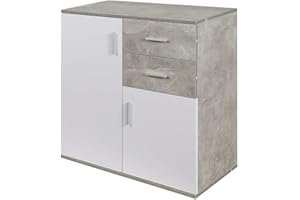 BAKAJI Mobile Madia con 2 Cassetti Doppia Anta e 2 Ripiani Interni Mobiletto Credenza Armadio Multiuso Cucina Bagno Ufficio Design Moderno in Legno MDF Bianco e Grigio Effetto Cemento 82x35x80cm