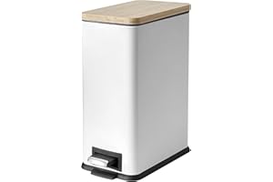 JM ·YIPENG 10L Bathroom Bin with Bamboo Lid Slim Pedal Bin with Removable Inner Bucket for Bathrooms Toilet Bedroom Office Kitchen,White