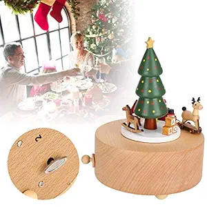 Music Playing Box, Clockwork Cylindrical Wooden Music Toy, Merry Christmas with Santa Ornaments Christmas Gifts for Family Kids