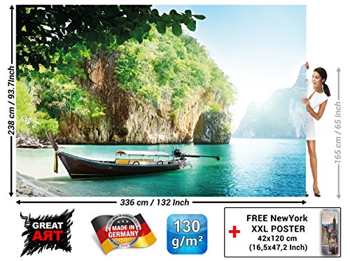 Fototapete Fischer-Boot in tropischer Bucht Wandbild Dekoration Urlaub Reisen Strand Paradies Bay Natur Insel Meer Travel Beach | Foto-Tapete Wandtapete Fotoposter Wanddeko by GREAT ART (336 x 238 cm) - 3