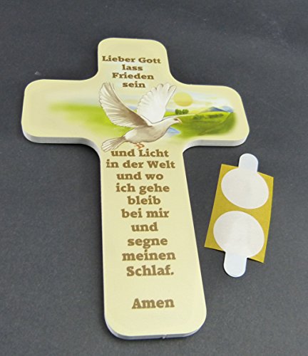 Taufgeschenke – Kreuze: Taufkreuz für Kinder und Erwachsene zum Aufhängen. Motiv Taube und Spruch / Text „Lieber Gott lass Frieden sein und Licht in der Welt und wo ich gehe bleib bei mir und segne meinen Schlaf. Amen“ aus unserer Reihe Kinderkreuze und Geschenke zur Geburt, Taufe, Konfirmation, Kommunion, Firmung, Jugendweihe. - 2