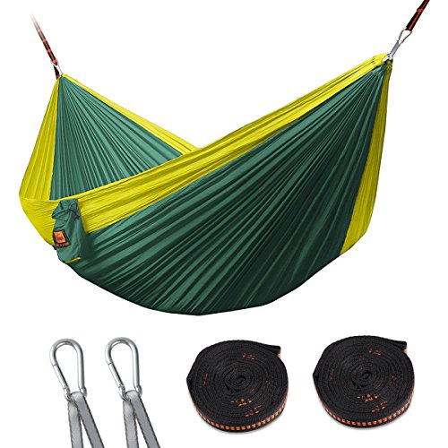 HiCool Hängematte Doppel Camping Hammock aus Atmungsaktiv, Schnell Trocknende Fallschirm Nylon Mehrpersonen 300 x 180 cm, Belastbar bis 300 kg für Reise Camping Garten Trekking Strand Travel u.s.w. (300 x 180 cm, Gelb+Dunkelgrün)