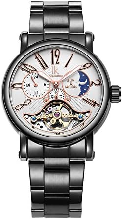Mechanical Watch - Stainless Steel Luminous Automatic Mechanical Watches Men Moon &amp; Sun Phase Hollow Skeleton Watch - Black + White