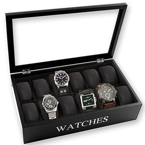 Uhrenbox für 12 Uhren inkl. Uhrenkissen im edlem Design schwarz oder weiß mit Glasfront 34 cm x 20 cm x 9 cm (Schwarz)