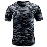 VEMOW Sommer Sport Männer Casual Camouflage Print V-Ausschnitt Pullover Kurz T-Shirt Top Bluse T-stücke Pulli(Grau, EU-58/CN-2XL)