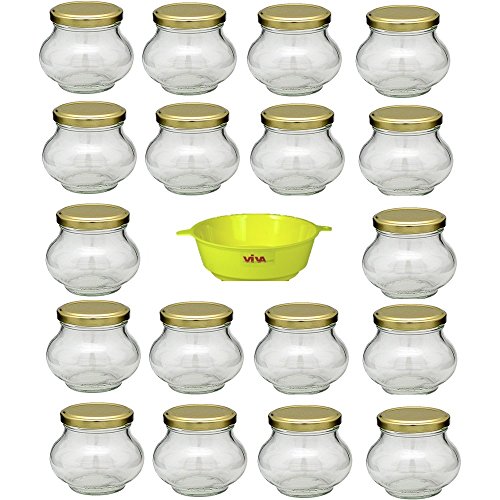 Viva Haushaltswaren - 18 bauchige Marmeladengläser 235 ml mit Drehverschluss inklusive gelben Einfülltrichter