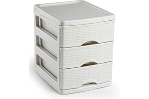 PLASTICFORTE Tradineur - Cajonera de sobremesa, plástico, 3 cajones, 17 x 13,5 x 17 cm, modelo Turia, efecto mimbre, torre almacenaje multiusos, organizador auxiliar, escritorio, baño, oficina, color aleatorio