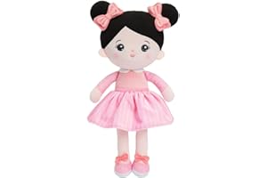 OUOZZZ Muñecas de Trapo para Bebé con Vestido Rosa y Pelo Negro, Suave Muñeca de Peluche Juguete, Regalo para Niños 3+ Años, 38cm