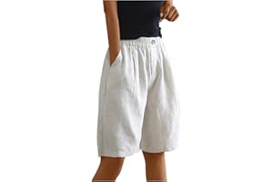 YOLIMOK Womens Shorts Plus Size Knee Length Wide Leg Bermuda Shorts Comfy Cotton Linen Elasticated High Waist Stretch Ladies Culottes Summer Solid Shorts with Pockets Yoga Sports Active Shorts