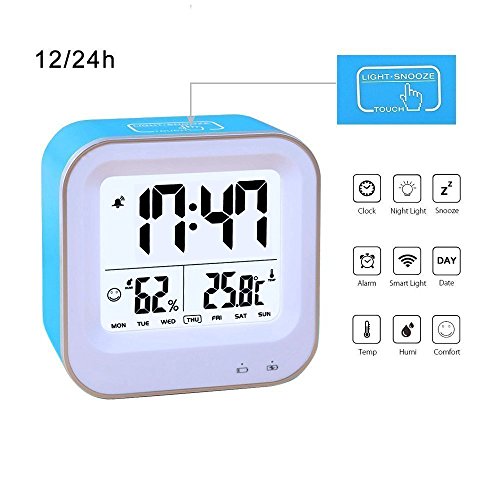 Schlafzimmer Wecker, samshow wiederaufladbar Wecker mit 12H oder 24h/Temperatur (C/F)/Luftfeuchtigkeit/Woche Display, Schlummerfunktion/Smart Nachtlicht Funktion blau