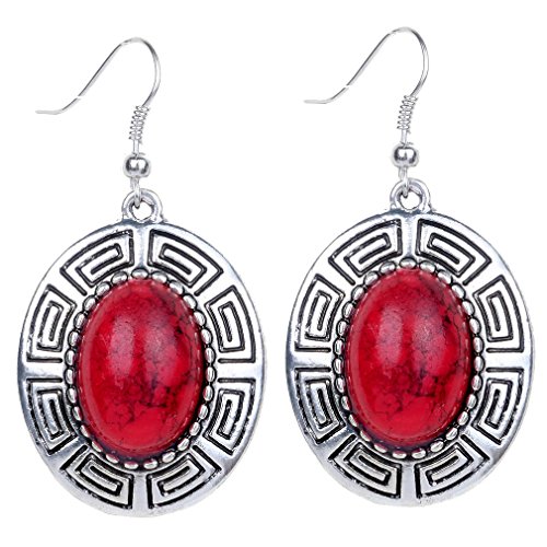 Yazilind Gancho pendientes Vintage de plata tibetana Red Oval turquesa