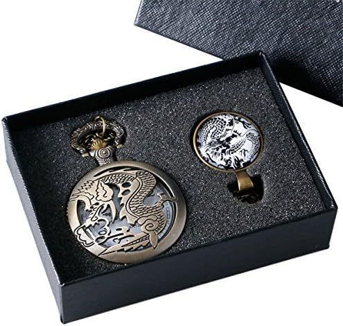 Vintage Bronze Fiery Dragon Quartz Pocket Watch Necklace Pendant Cool Gift Set for Men Boy with Box